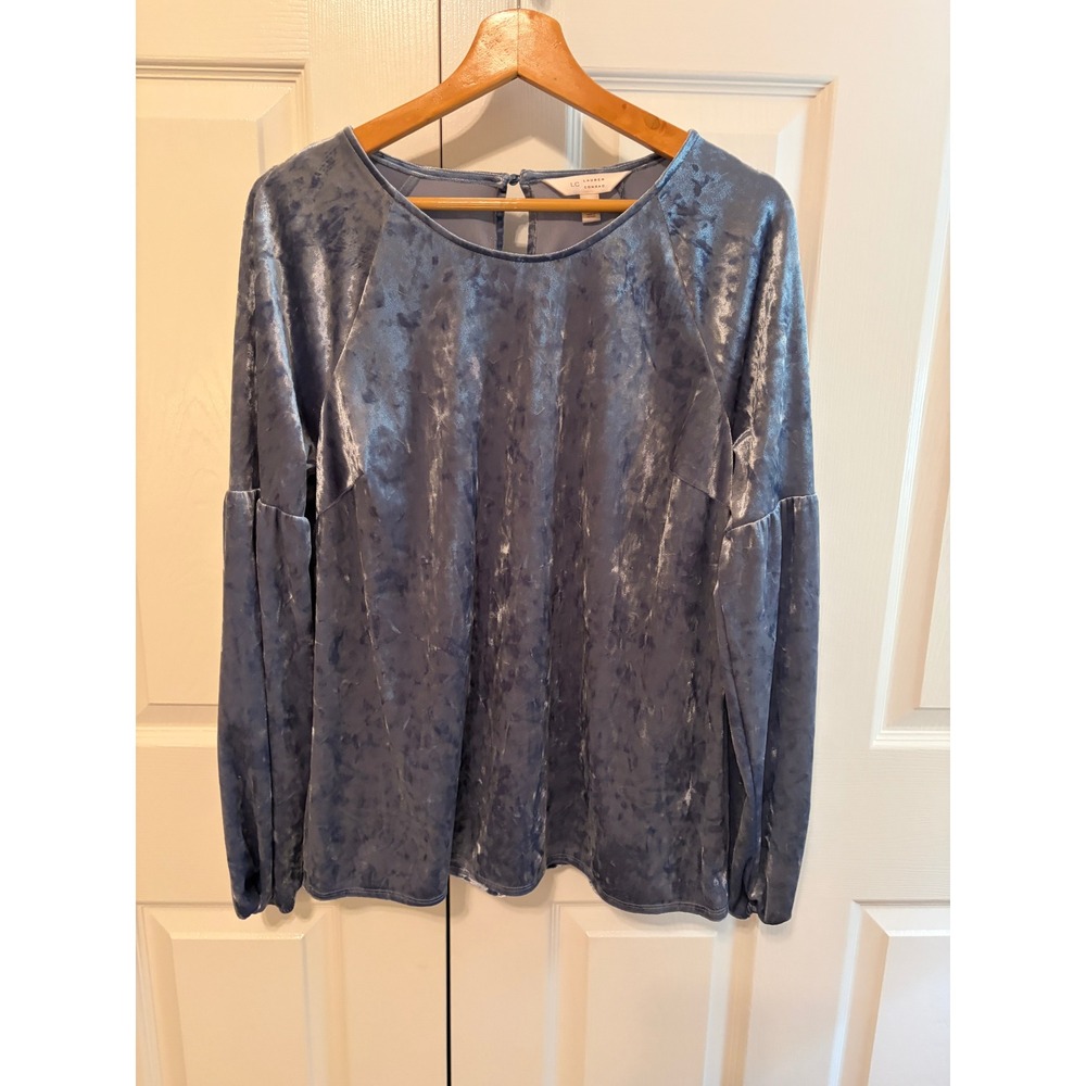 LC Lauren Conrad Blue Crushed Velvet Blouse Long Sleeve Keyhole Back Top Large